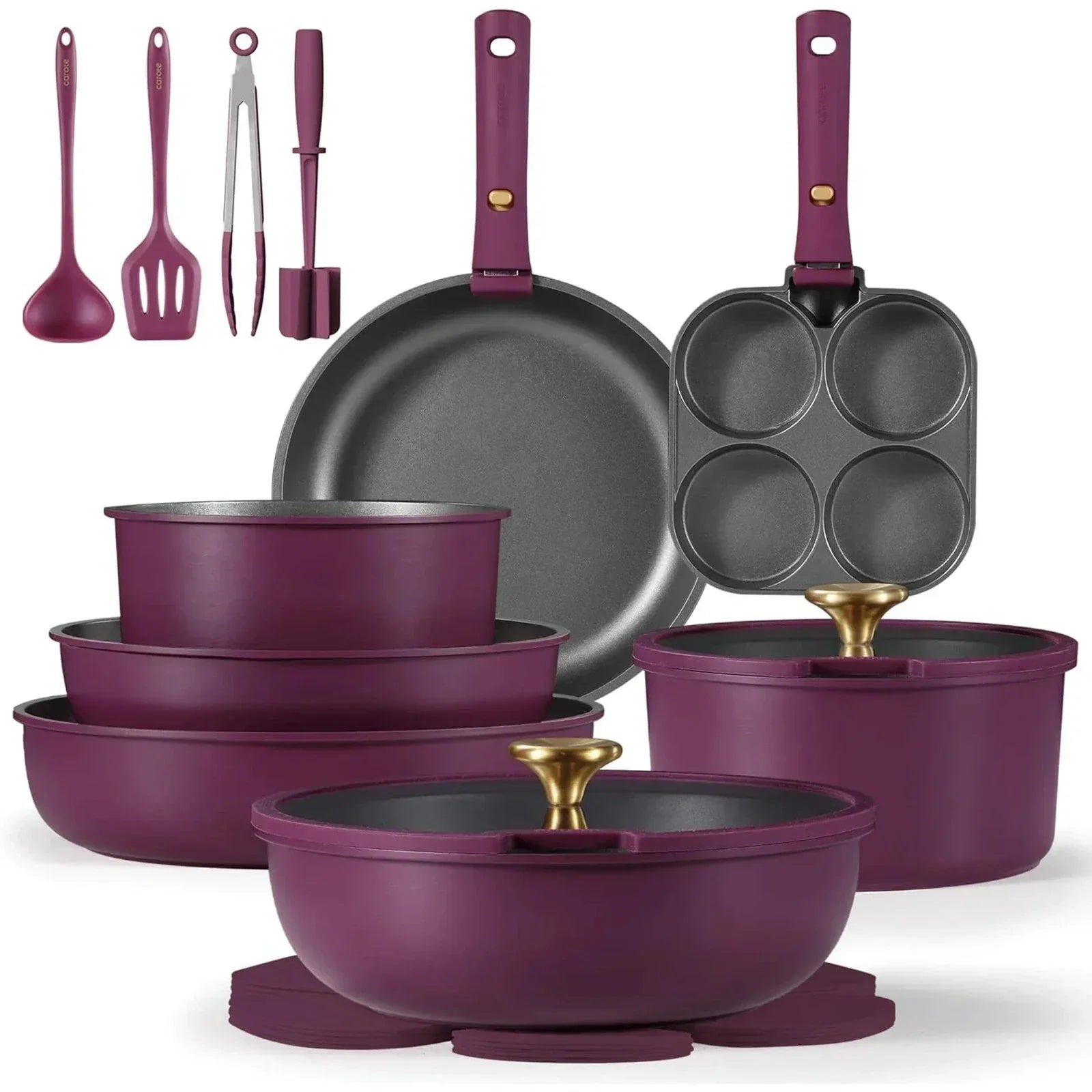 21 Pcs Nonstick Cookware Set Pots and Pans with Detachable handle violet