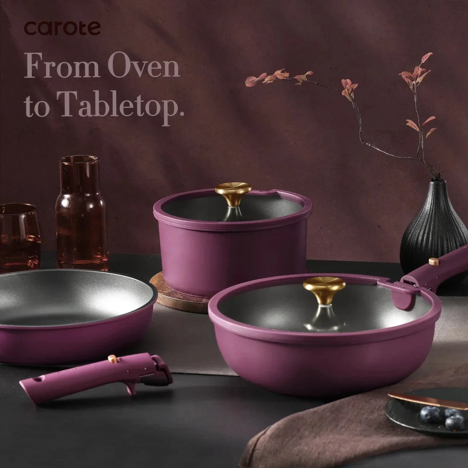 21 Pcs Nonstick Cookware Set Pots and Pans with Detachable handle violet