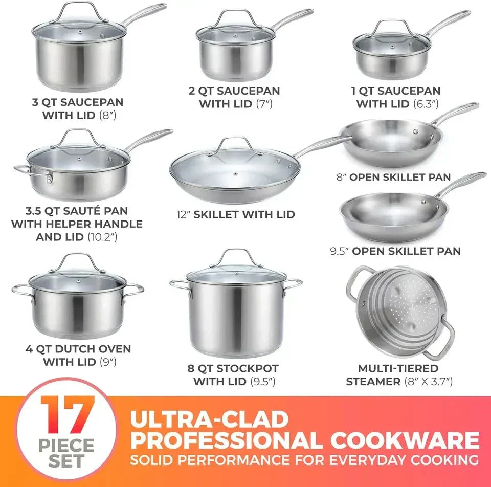 Pots and Pans Set 17-Piece, Ultra-Clad Pro Stainless Steel Cookware Set,